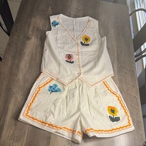 Source Unknown Cottagecore  White Short and Vest Set with Floral Embroidery